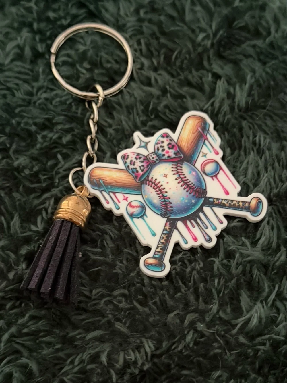 Cute Multicolor Baseball & Bats Keychain with Tassel -
